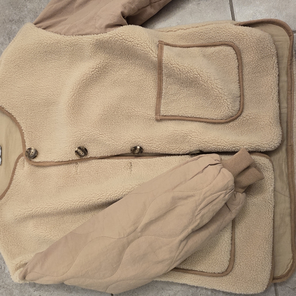 Cozy Beige Sherpa Jacket with Tan Accents